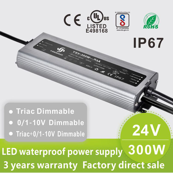 AC110V/220V DC24V 300W 12.5A UL-Listed LED Waterproof IP67 Triac and 0/1-10V Dimmable LED Dimming Power Supply